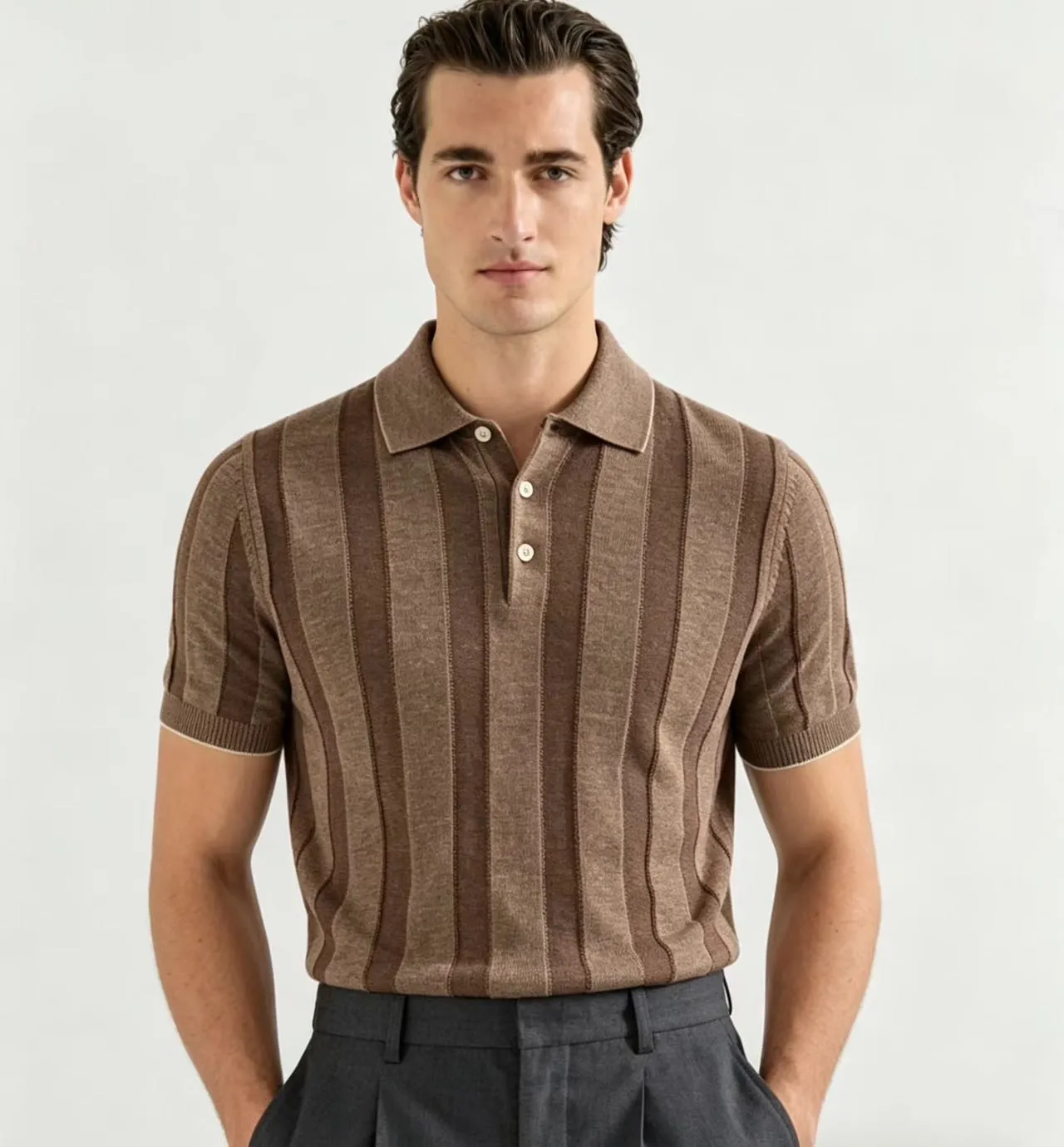 BRUNELLO CUCINELLI BC vertical lapel ribbed cotton and linen knitted short-sleeved POLO shirt upper body reference